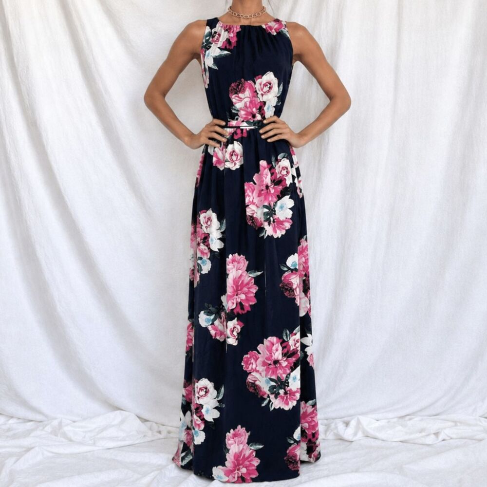 Vintage Y2K Sleeveless Navy Blue Pink Floral Flared Waist Tie Maxi Dress Size M